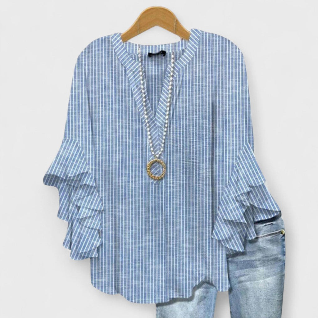 Blusa leggera con stampa floreale da donna con volant e maniche a campana, scollo a V, elegante e casual – Kay