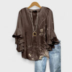 Blusa leggera con stampa floreale da donna con volant e maniche a campana, scollo a V, elegante e casual – Kay