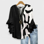 Blusa leggera con stampa floreale da donna con volant e maniche a campana, scollo a V, elegante e casual – Kay