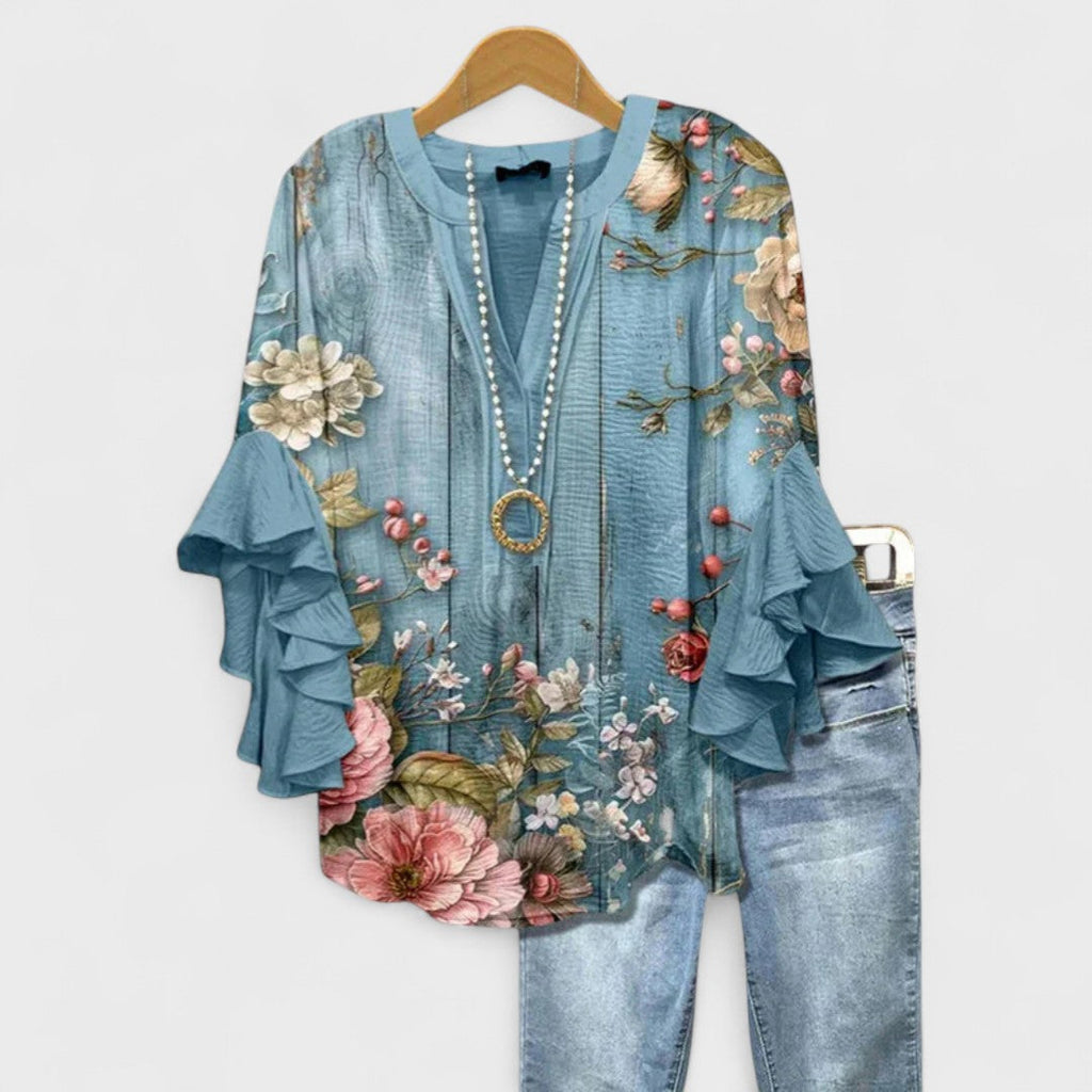 Blusa leggera con stampa floreale da donna con volant e maniche a campana, scollo a V, elegante e casual – Kay