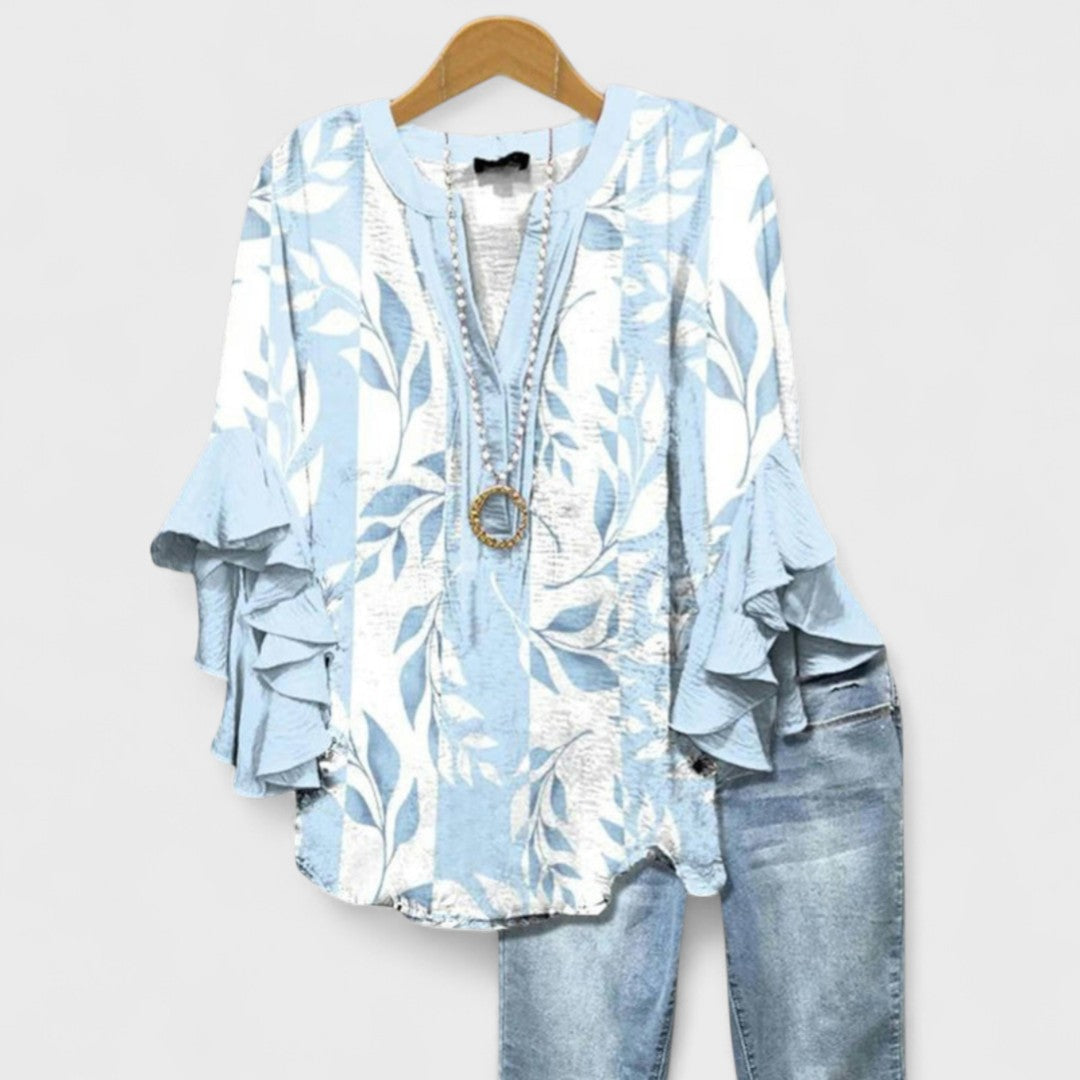 Blusa ligera con estampado floral para mujer con volantes y mangas campana, escote en V, elegante y casual – Kay