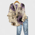 Blusa leggera con stampa floreale da donna con volant e maniche a campana, scollo a V, elegante e casual – Kay