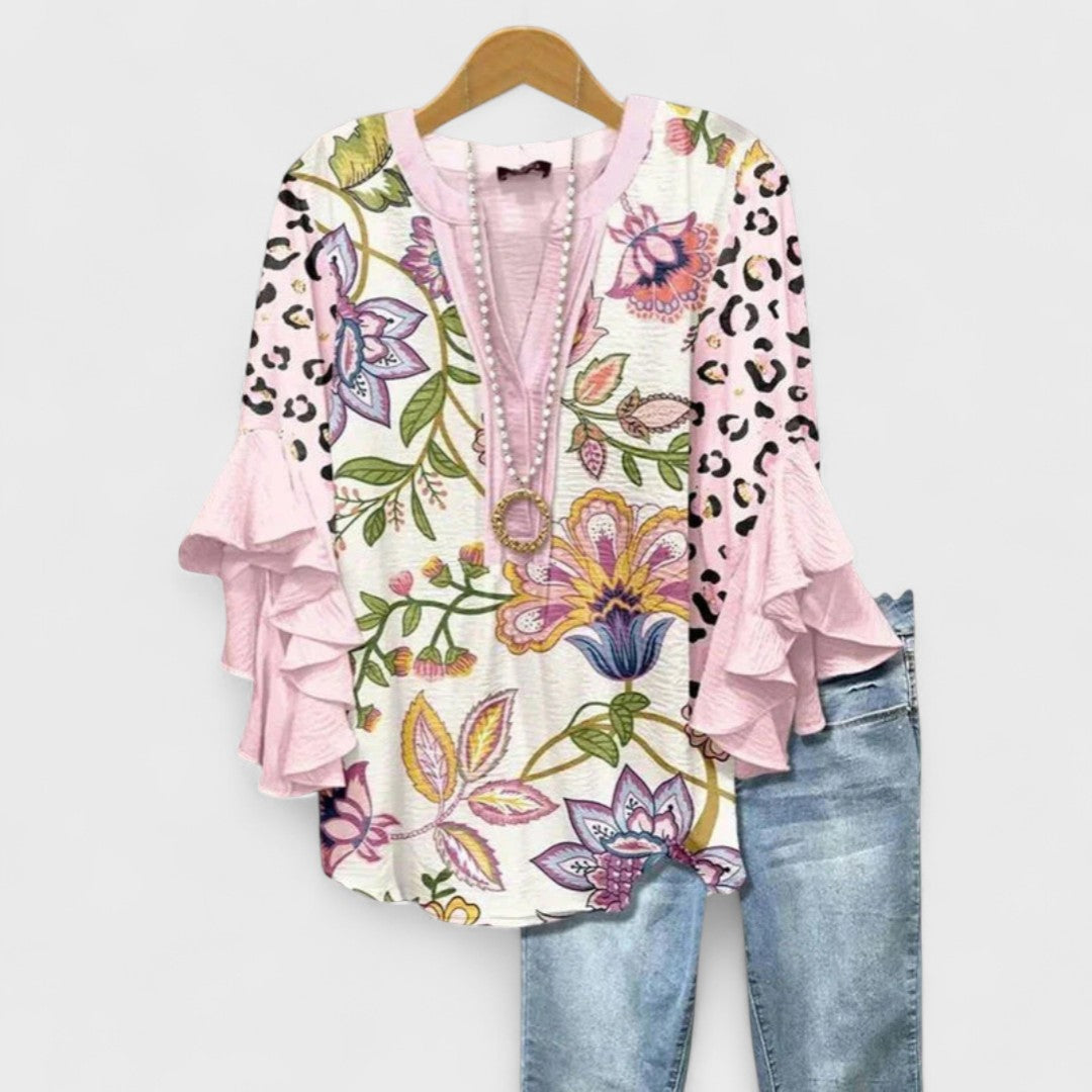 Blusa ligera con estampado floral para mujer con volantes y mangas campana, escote en V, elegante y casual – Kay