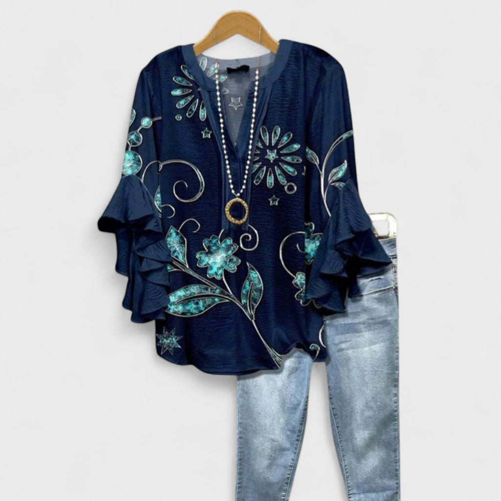 Blusa leggera con stampa floreale da donna con volant e maniche a campana, scollo a V, elegante e casual – Kay