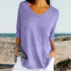 T-shirt estiva a maglia con scollo a V da donna, leggera, taglio casual, versatile e morbida – Gerda