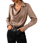 Blouse Satin à Col Drape Longue Manche pour Femme Élégante Chic Bureau Soirée Polyvalente – Samantha
