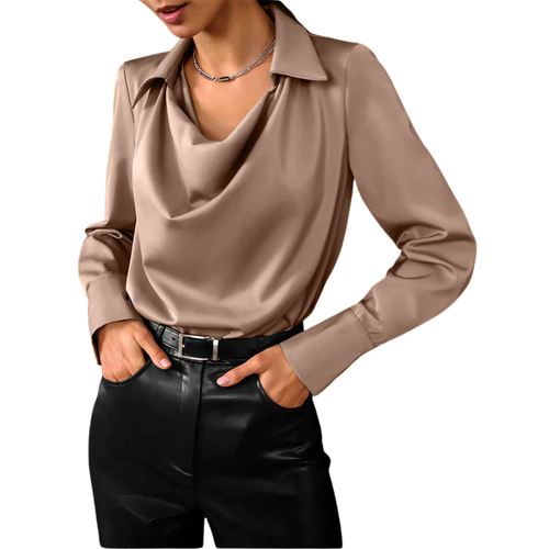 Blusa de satén con cuello drapeado y manga larga para mujer elegante y chic, versátil para oficina y noche – Samantha