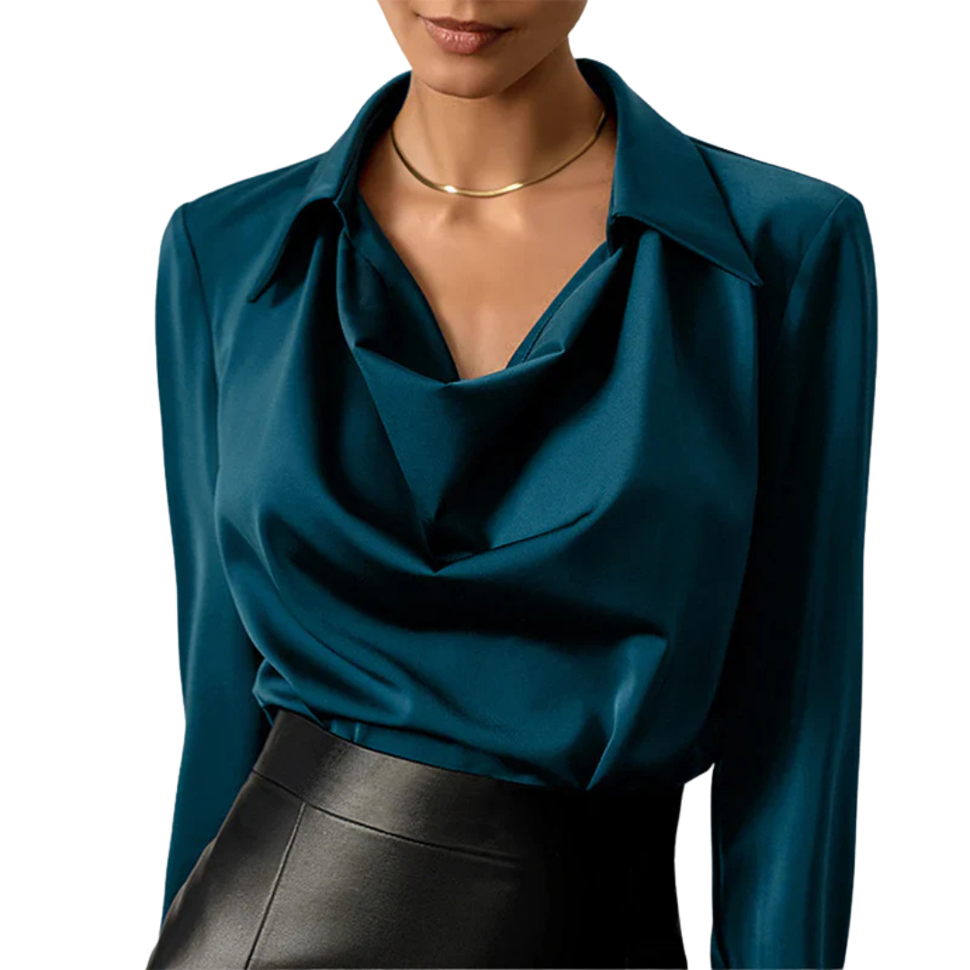 Blusa de satén con cuello drapeado y manga larga para mujer elegante y chic, versátil para oficina y noche – Samantha