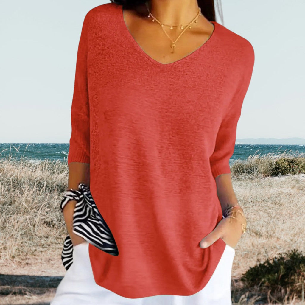 T-shirt estiva a maglia con scollo a V da donna, leggera, taglio casual, versatile e morbida – Gerda