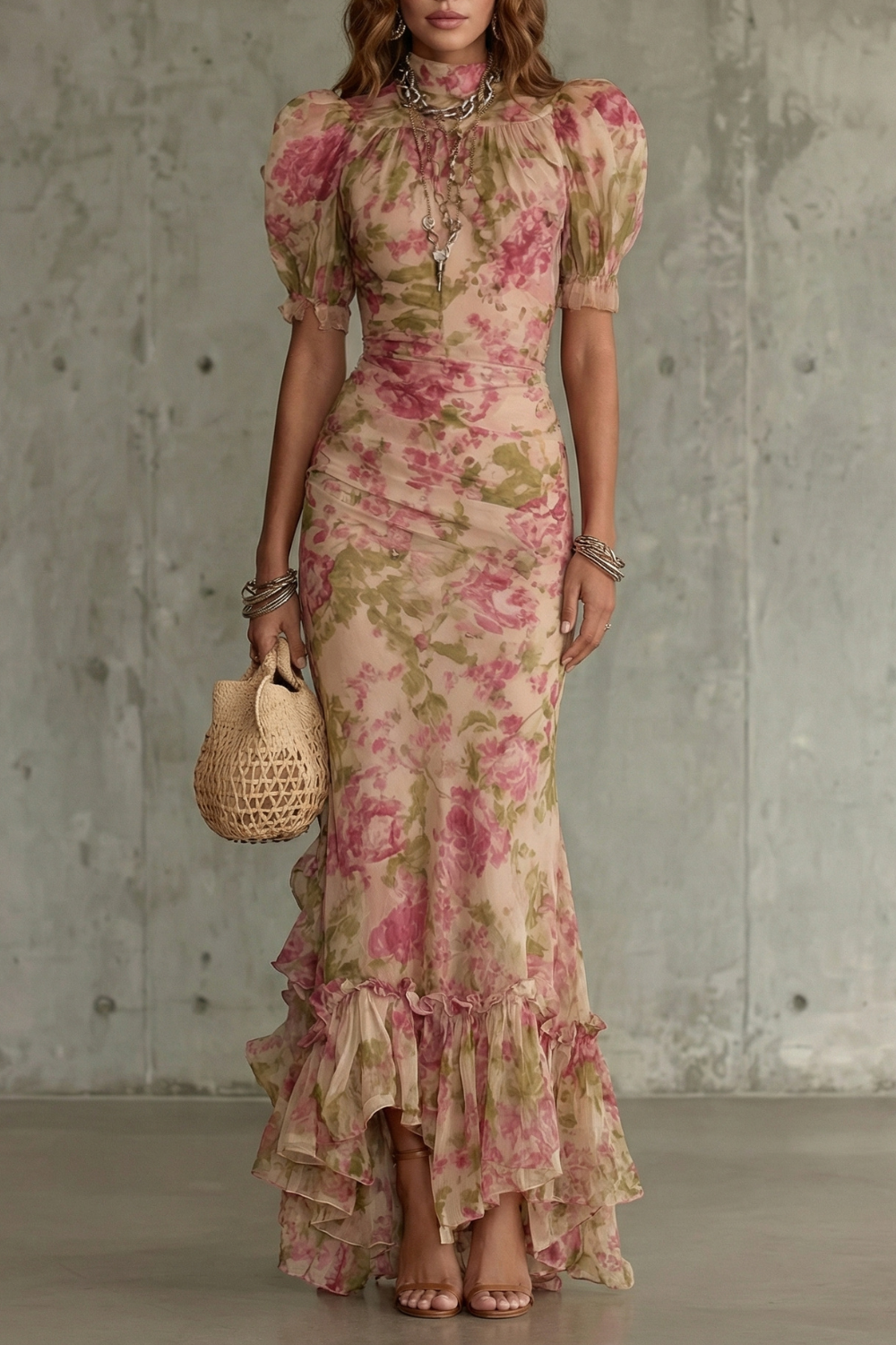 Vestido largo floral vintage mangas abullonadas cuello alto corsé ajustado dobladillo volante poliéster mujer elegante boda jardín fiesta – Roselique