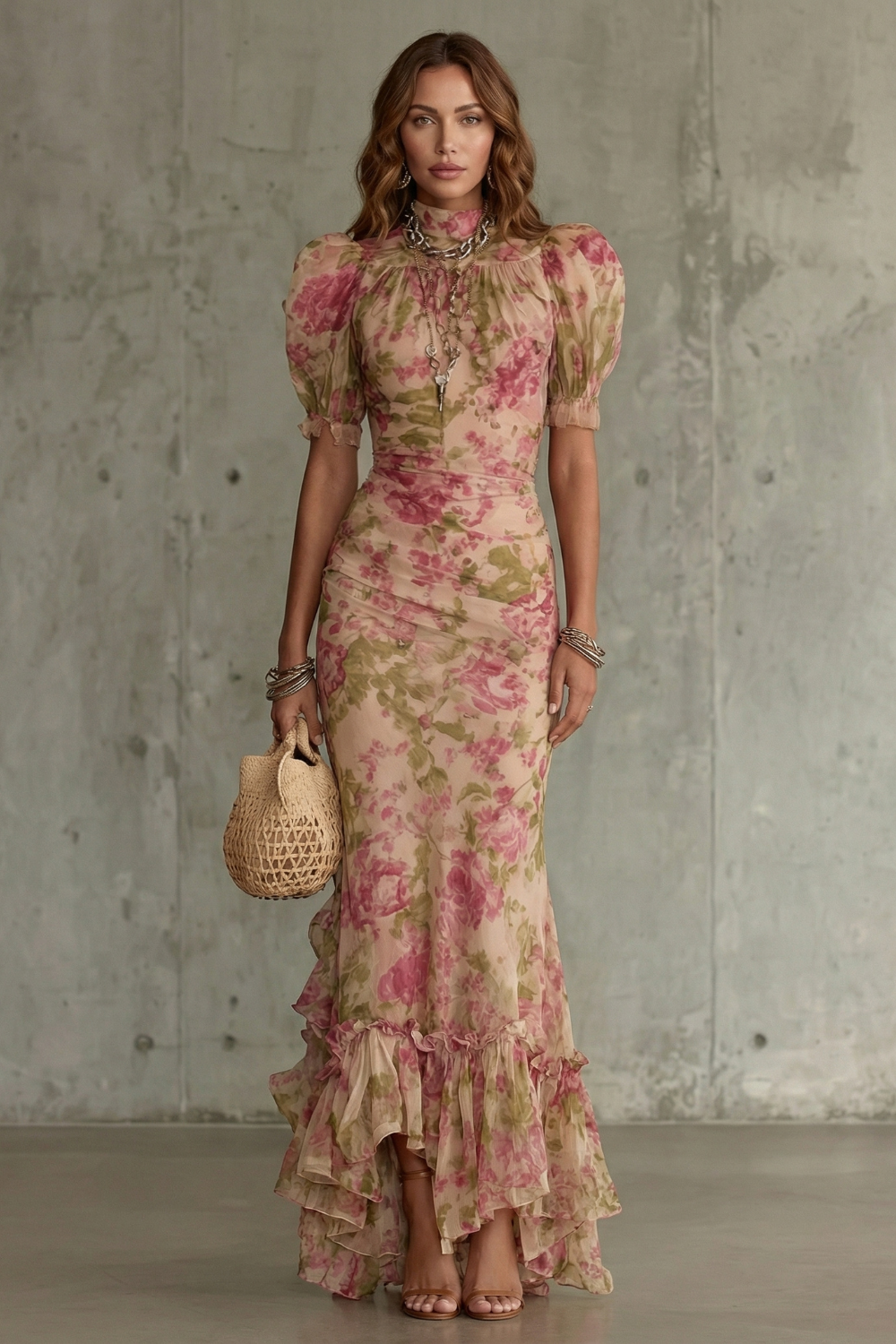 Vestido largo floral vintage mangas abullonadas cuello alto corsé ajustado dobladillo volante poliéster mujer elegante boda jardín fiesta – Roselique