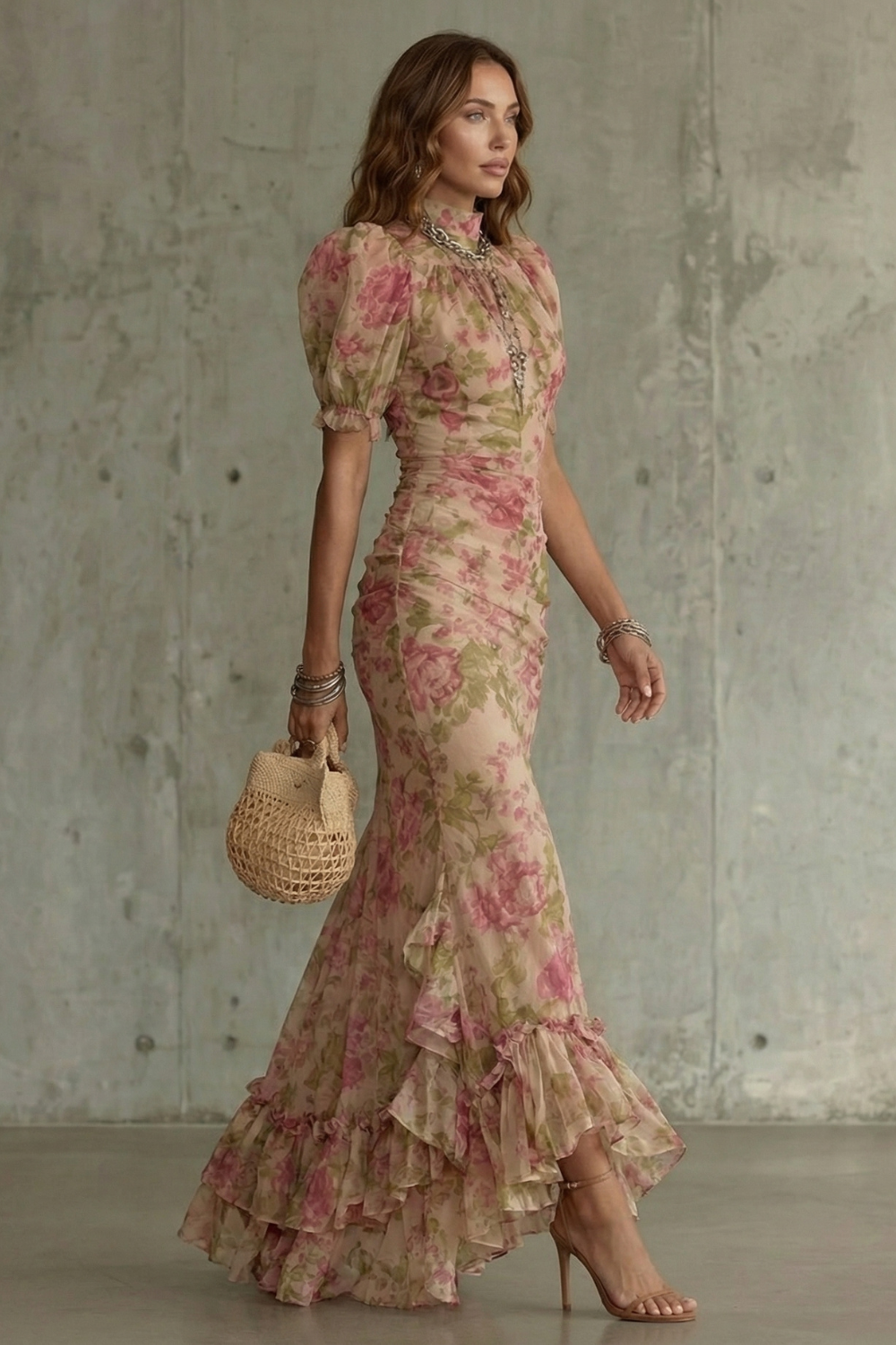 Vestido largo floral vintage mangas abullonadas cuello alto corsé ajustado dobladillo volante poliéster mujer elegante boda jardín fiesta – Roselique