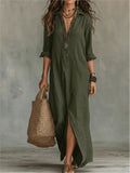 Robe Longue Chemise Femme Coton Fluide Col Rabattu Manches Trois-Quarts Ample Casual Chic Vacances Quotidien – Agnoline