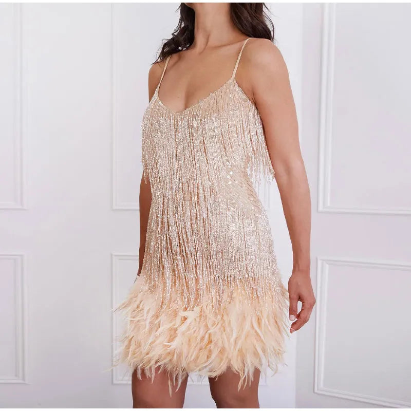 Robe Mini Élégante en Sequins avec Plumes Roses à Bretelles Spaghetti pour Soirée Cocktail