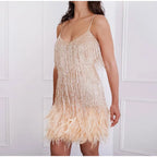 Robe Mini Élégante en Sequins avec Plumes Roses à Bretelles Spaghetti pour Soirée Cocktail