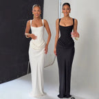 Robe Longue Dress Slim Bretelles Larges Lacet Dos Décolleté Carré Fibre Synthétique Femme Élégante Mariage Soirée Cocktail Formelle – Lacine