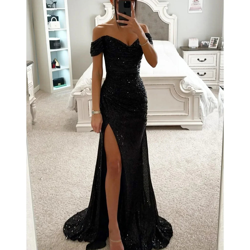 Robe de Soirée Élégante Longue à Épaules Dégagées en Sequins avec Fente – Wensilian