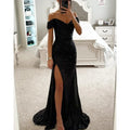 Robe de Soirée Élégante Longue à Épaules Dégagées en Sequins avec Fente – Wensilian