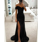 Robe de Soirée Élégante Longue à Épaules Dégagées en Sequins avec Fente – Wensilian