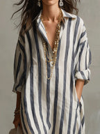 Robe Midi Chemise Femme Lin Rayé Col V Manches Trois-Quarts Ample Casual Chic Vacances Plage Week-End – Amarise