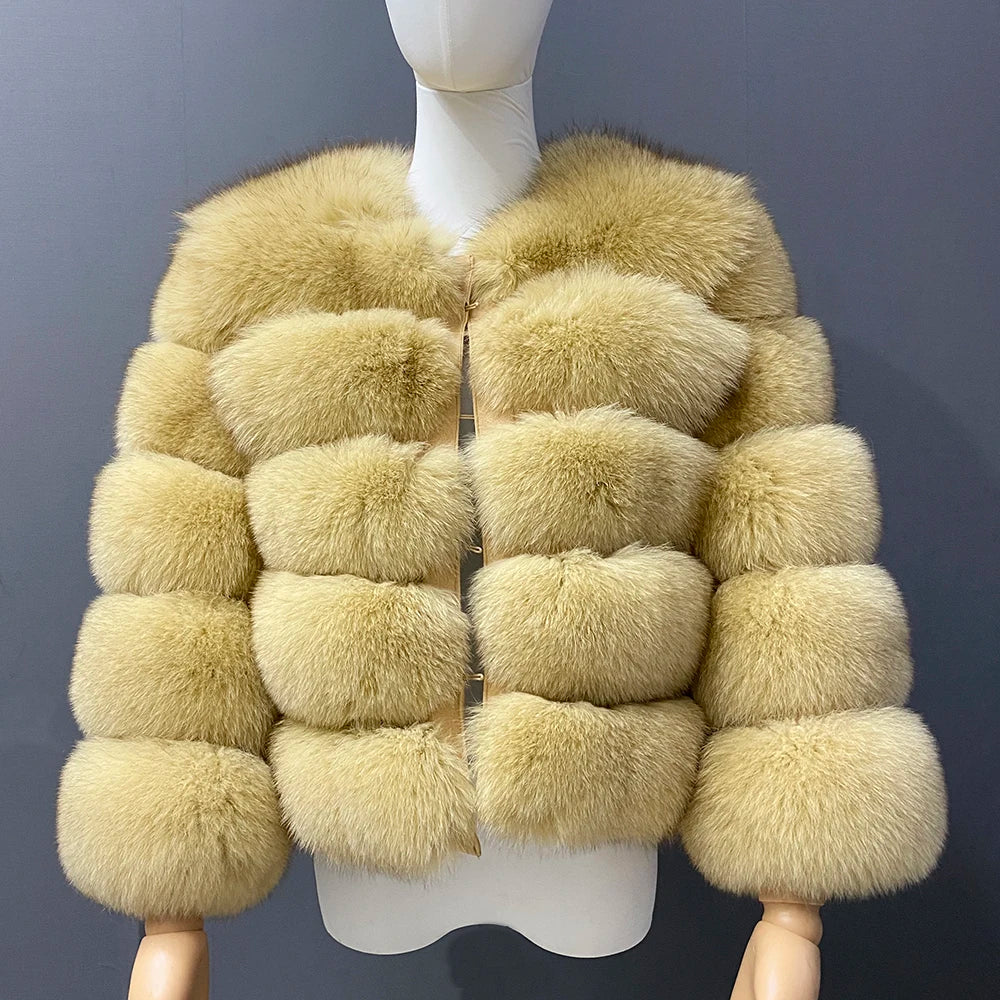 Manteau Fourrure Femme à Bandes Horizontales et Col Montant