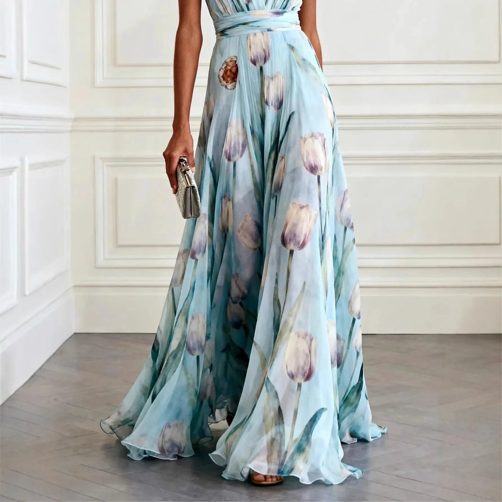 Robe Longue Femme Col V Profond Sans Manches Drapée Chiffon Imprimé Floral Mariage Soirée Garden Party Bal – Tulipane