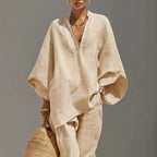 Dames tweedelig set van linnen, vloeiende top met vleermuismouwen, taps toelopende broek, casual chic, avond, vakantie – Cordélia