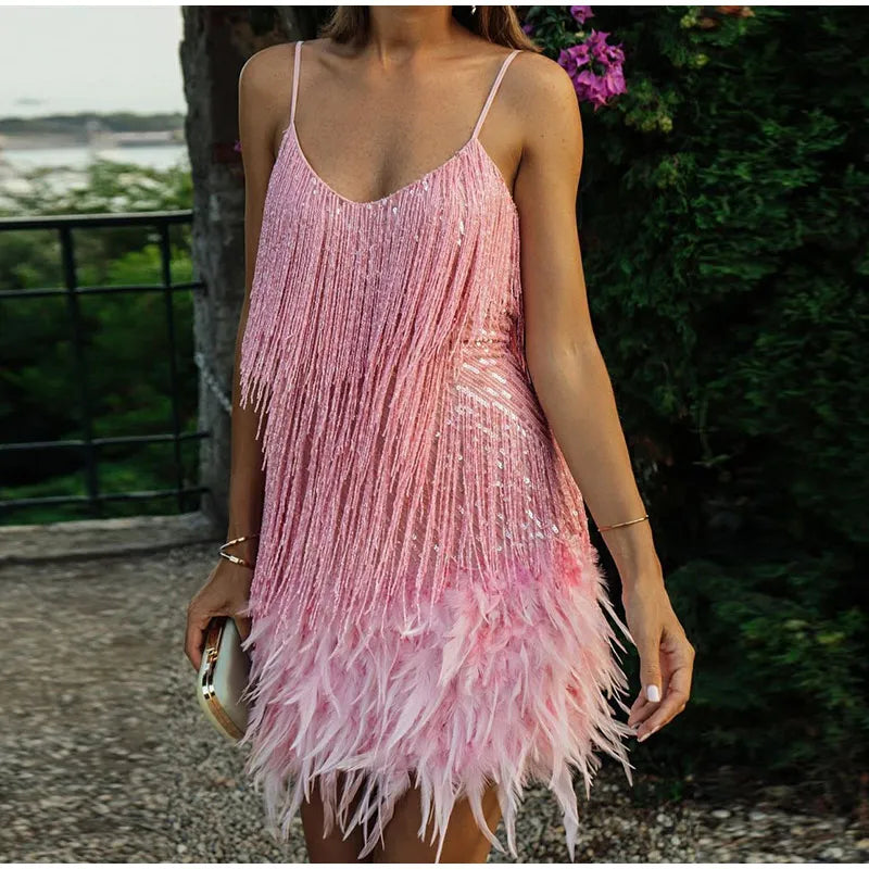 Robe Mini Élégante en Sequins avec Plumes Roses à Bretelles Spaghetti pour Soirée Cocktail