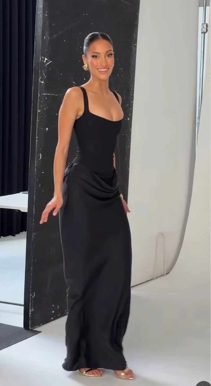 Robe Longue Dress Slim Bretelles Larges Lacet Dos Décolleté Carré Fibre Synthétique Femme Élégante Mariage Soirée Cocktail Formelle – Lacine