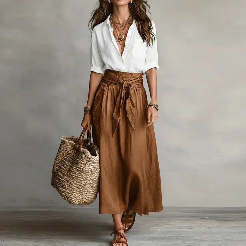 Conjunto dos piezas mujer lino blusa abotonada falda midi amplia cintura anudada bolsillos casual chic vacaciones diario – Jeanélie