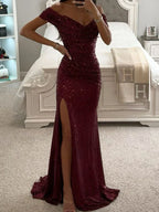 Robe de Soirée Élégante Longue à Épaules Dégagées en Sequins avec Fente – Wensilian
