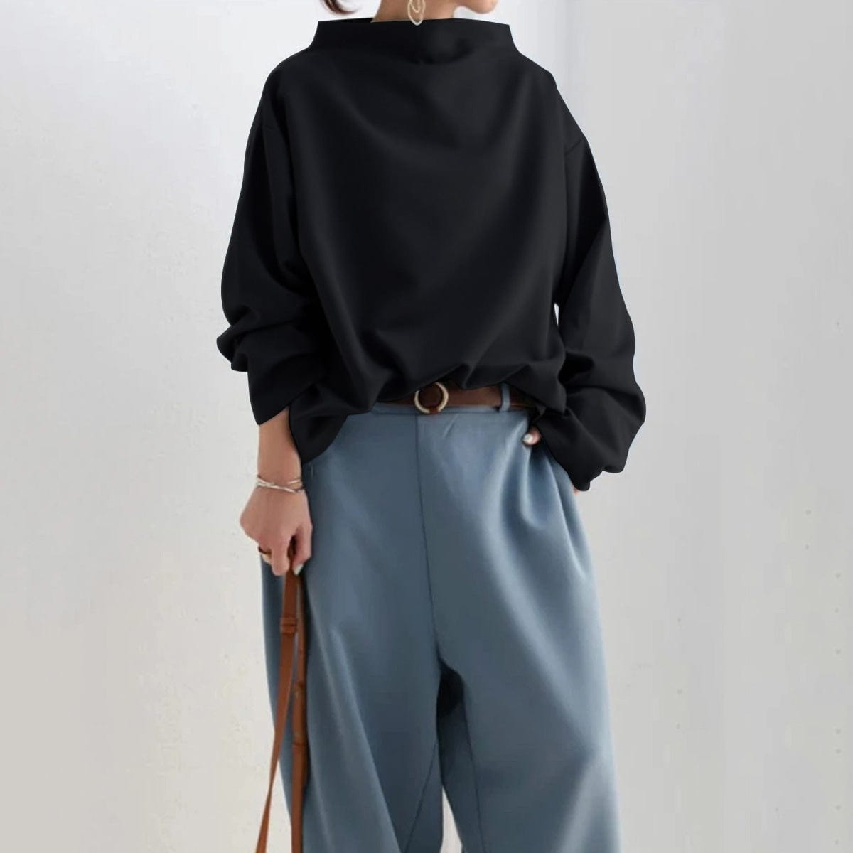 Haut Sophistiqué à Col Montant pour Femmes Silhouette Décontractée Manches Longues Élégant – Renli