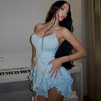 Robe Femme Mini Bodycon Plissée Décolleté V Asymétrique Boutons Manches Longues Ourlet Volants Soirée D'eté Cocktail Date Night Fête Club – Rosalie