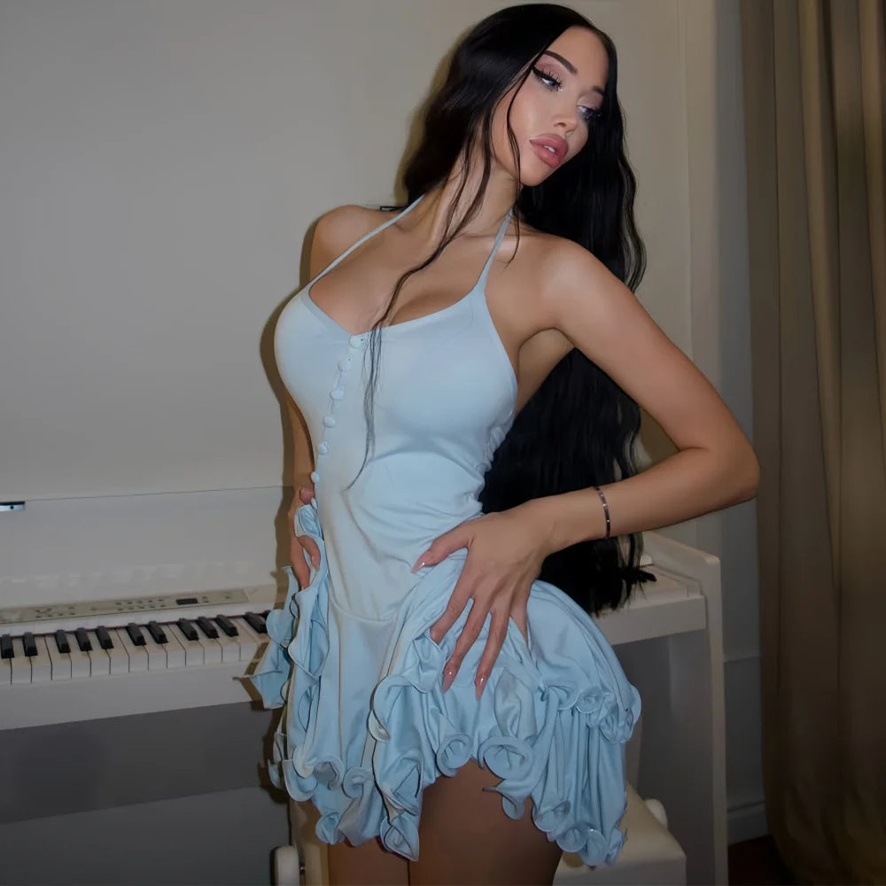 Robe Femme Mini Bodycon Plissée Décolleté V Asymétrique Boutons Manches Longues Ourlet Volants Soirée D'eté Cocktail Date Night Fête Club – Rosalie