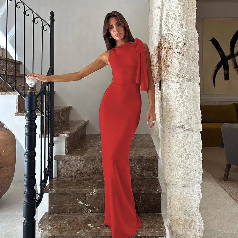 Damenlanges Bodycon-Kleid mit Trägern, Rundhalsausschnitt, ärmellos, Slim Fit, formell, Gala, Cocktail, Date Night, Hochzeit, Gästin, Zeremonie – Naomi