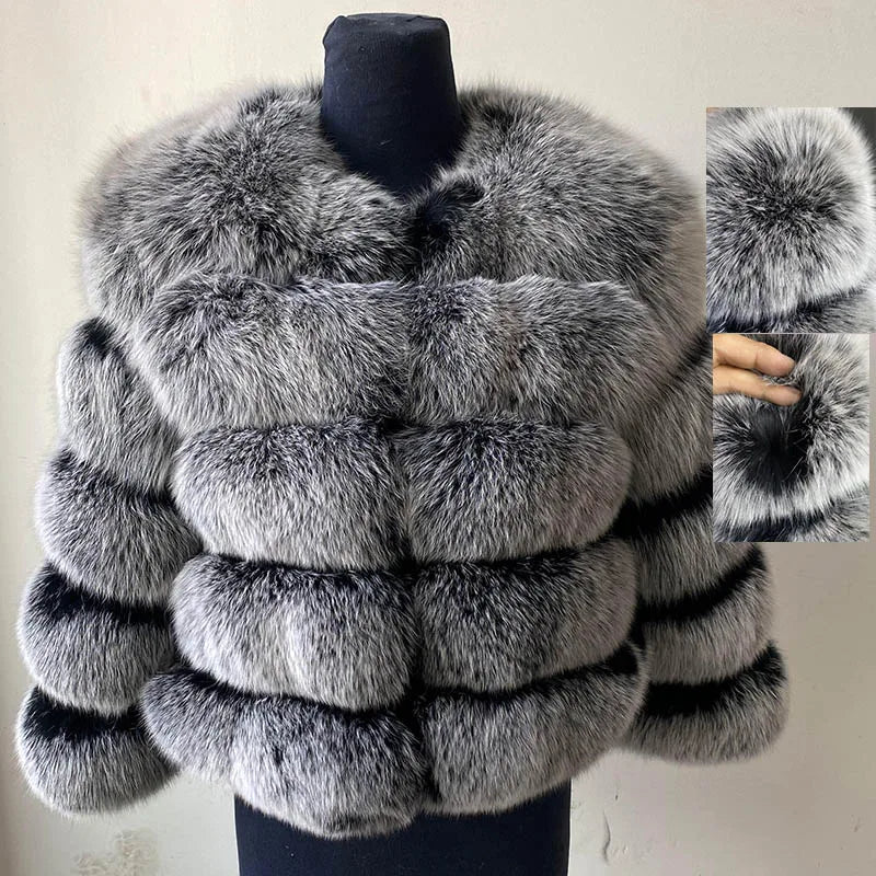 Manteau Fourrure Femme à Bandes Horizontales et Col Montant