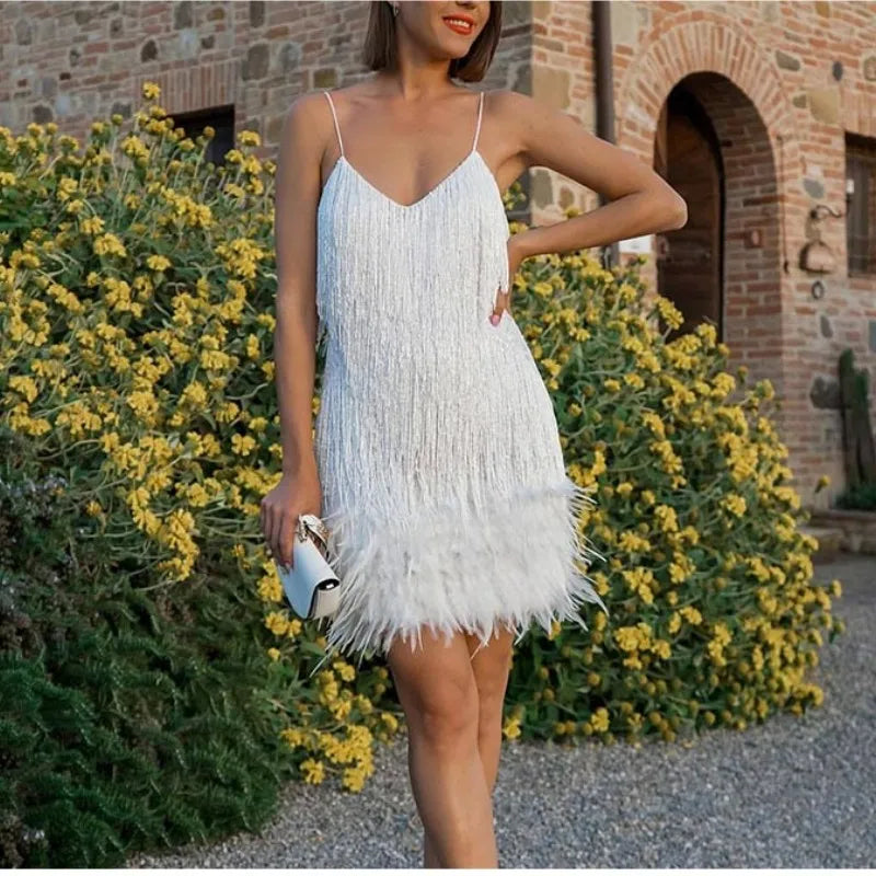 Robe Mini Élégante en Sequins avec Plumes Roses à Bretelles Spaghetti pour Soirée Cocktail
