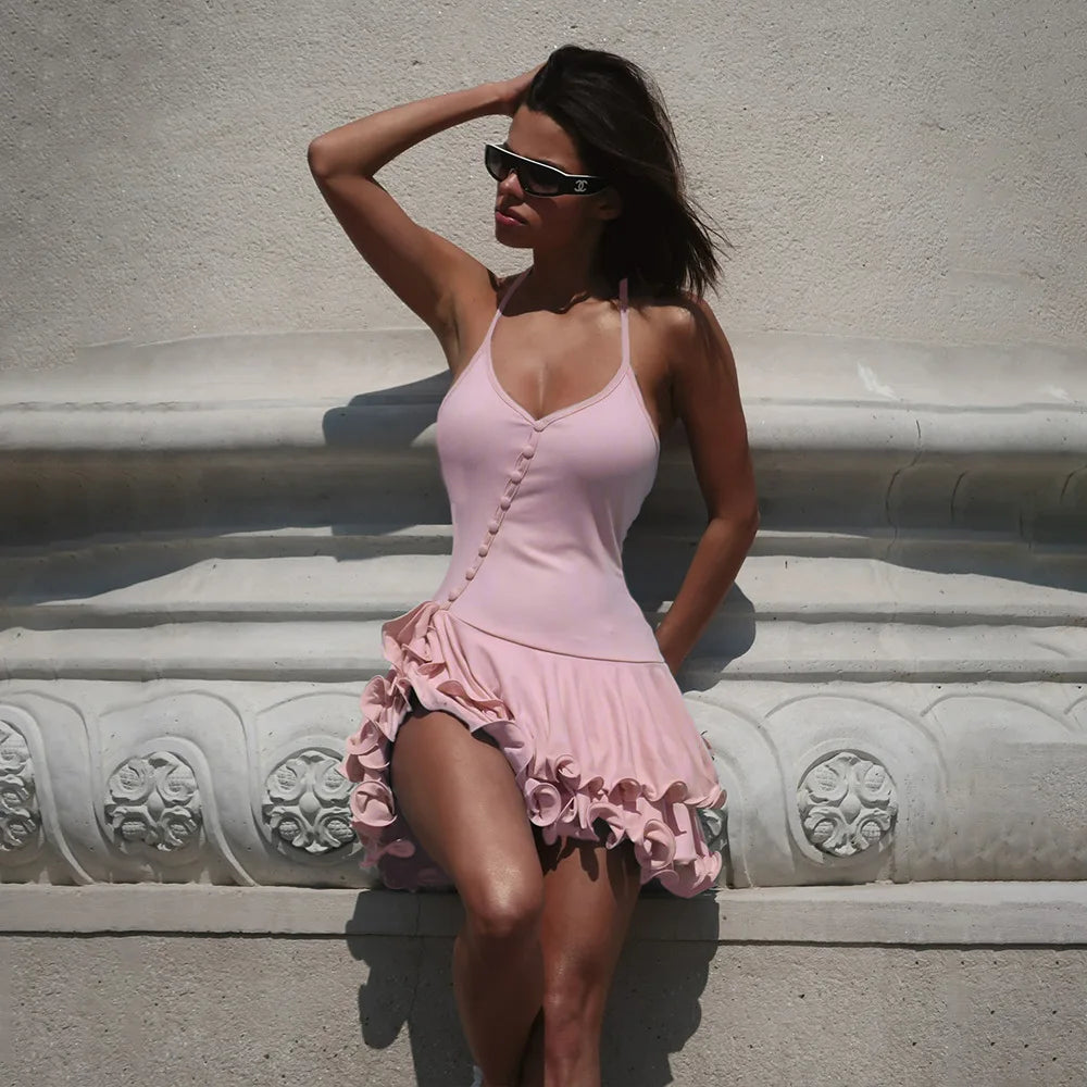 Robe Femme Mini Bodycon Plissée Décolleté V Asymétrique Boutons Manches Longues Ourlet Volants Soirée D'eté Cocktail Date Night Fête Club – Rosalie