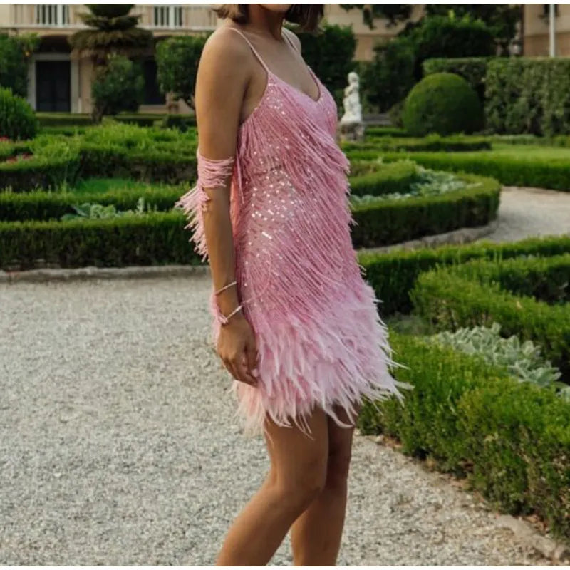 Robe Mini Élégante en Sequins avec Plumes Roses à Bretelles Spaghetti pour Soirée Cocktail
