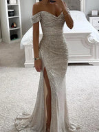 Robe de Soirée Élégante Longue à Épaules Dégagées en Sequins avec Fente – Wensilian