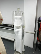 Robe Longue Dress Slim Bretelles Larges Lacet Dos Décolleté Carré Fibre Synthétique Femme Élégante Mariage Soirée Cocktail Formelle – Lacine