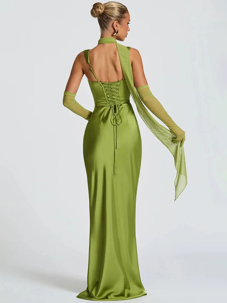 Abito lungo halter da donna con schiena scoperta, pizzo, bodycon, senza maniche, slim fit, formale, gala, cocktail, club, serata, matrimonio, invitata – Valentina