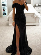 Robe de Soirée Élégante Longue à Épaules Dégagées en Sequins avec Fente – Wensilian