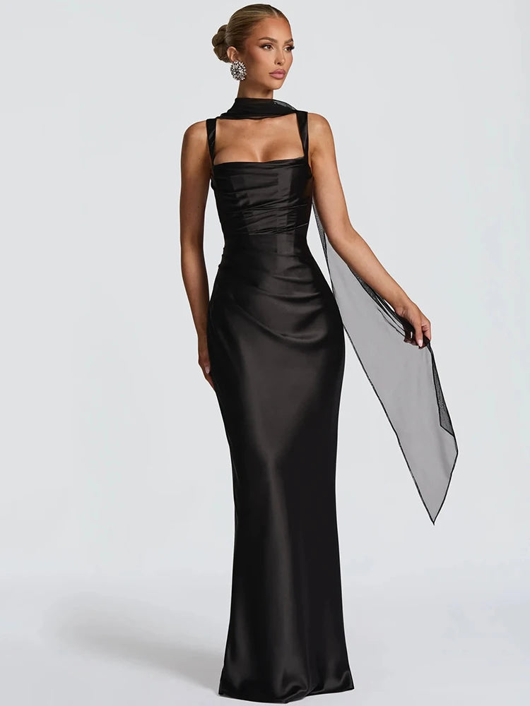 Abito lungo halter da donna con schiena scoperta, pizzo, bodycon, senza maniche, slim fit, formale, gala, cocktail, club, serata, matrimonio, invitata – Valentina
