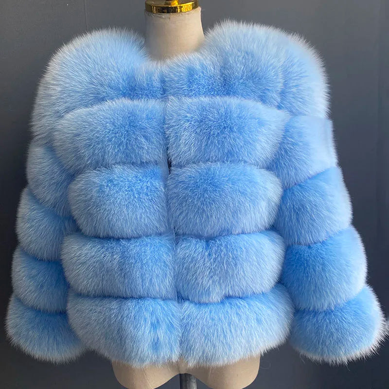 Manteau Fourrure Femme à Bandes Horizontales et Col Montant
