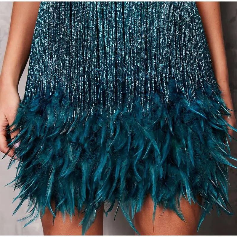Robe Mini Élégante en Sequins avec Plumes Roses à Bretelles Spaghetti pour Soirée Cocktail
