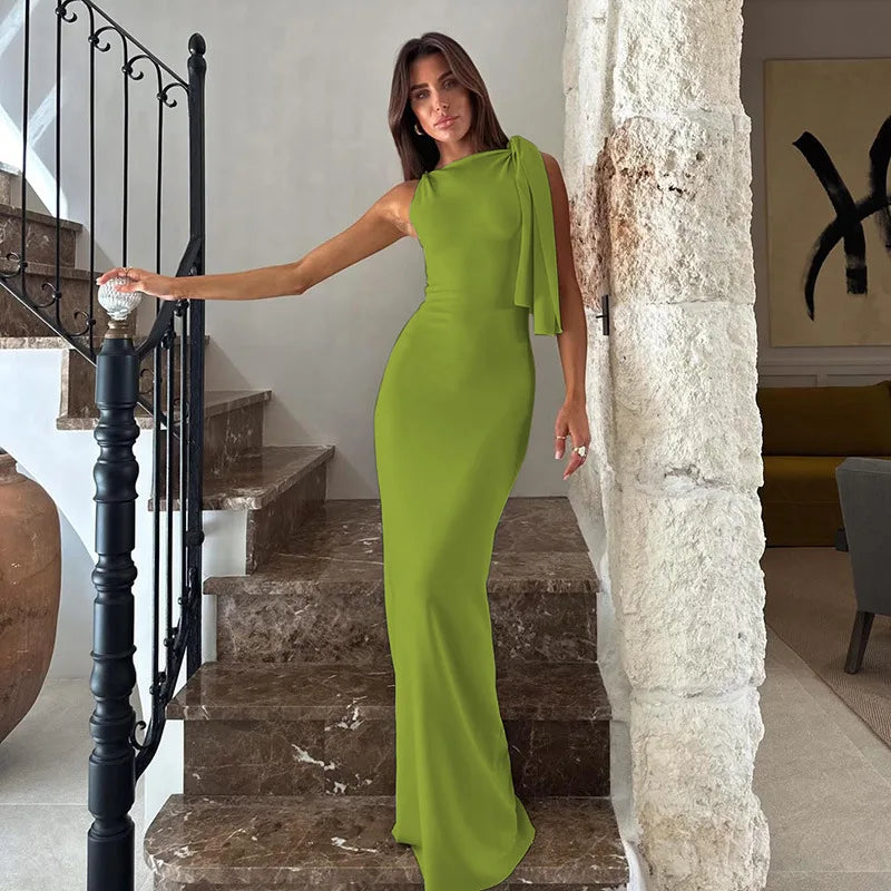 Abito da donna lungo bodycon con spalline, collo tondo, senza maniche, slim fit, formale, gala, cocktail, serata, matrimonio, invitata, cerimonia – Naomi