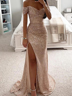 Robe de Soirée Élégante Longue à Épaules Dégagées en Sequins avec Fente – Wensilian