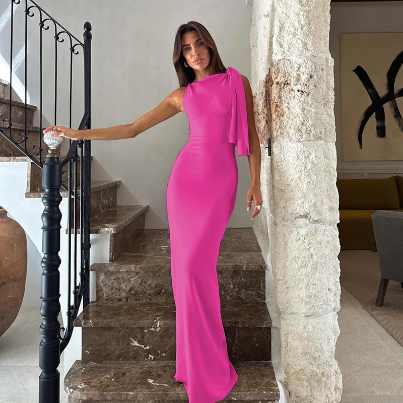 Damenlanges Bodycon-Kleid mit Trägern, Rundhalsausschnitt, ärmellos, Slim Fit, formell, Gala, Cocktail, Date Night, Hochzeit, Gästin, Zeremonie – Naomi