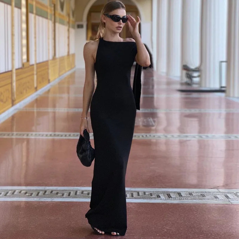 Abito da donna lungo bodycon con spalline, collo tondo, senza maniche, slim fit, formale, gala, cocktail, serata, matrimonio, invitata, cerimonia – Naomi